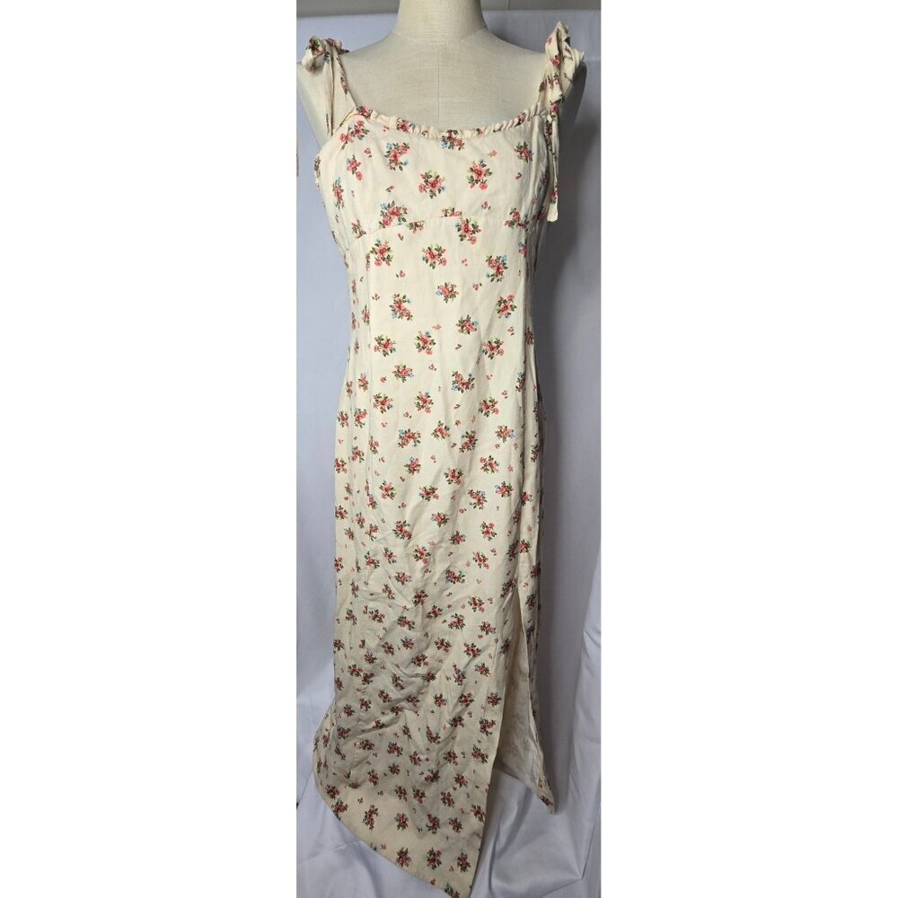 Zara Strapped Cream Linen Blend Floral Long Length Dress Size LARGE